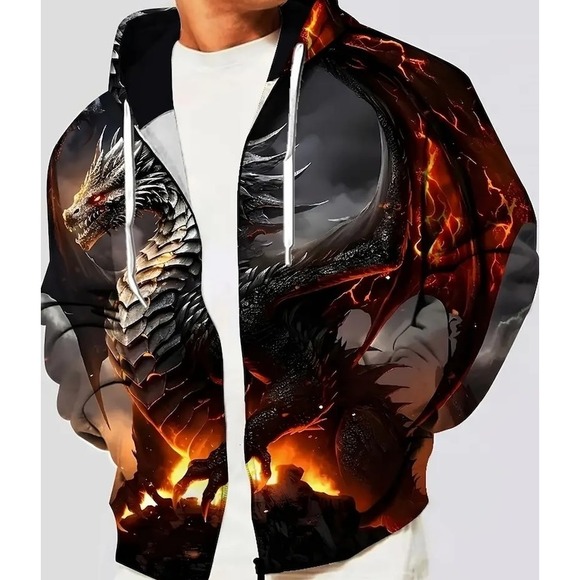 Men's Hoodie Black & Red Dragon All Over Print Full Zip Size 2XL - Picture 1 of 5